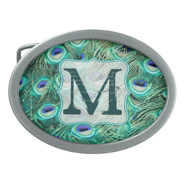 Peacock Bird Feather Teal Tur Monogram Belt Buckle (Front)