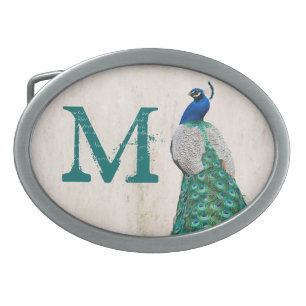 Peacock Bird Feather Teal Tur Monogram Belt Buckle