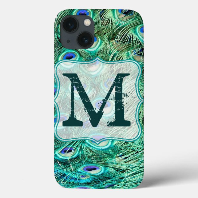 Peacock Bird Feather Teal Turqu Monogram IPAD Case (Back)