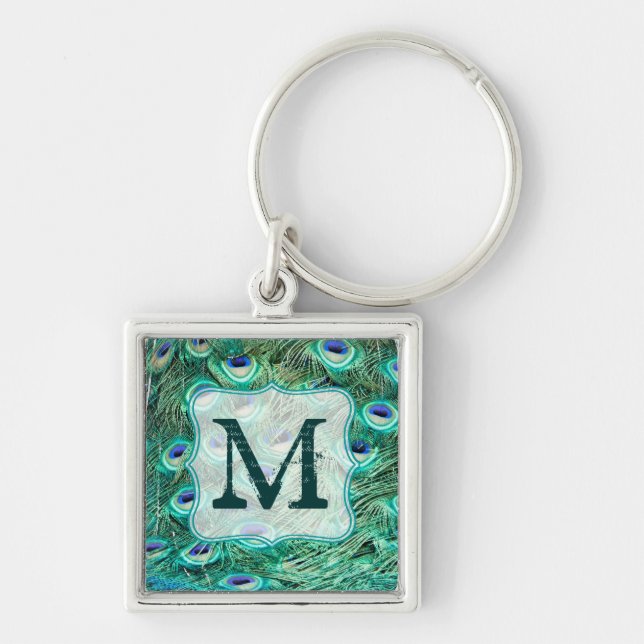 Peacock Bird Feather Teal Turquoise Vint Key Chain (Front)