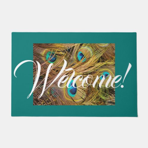 Peacock Bird Feathers Animals Teal Welcome Doormat