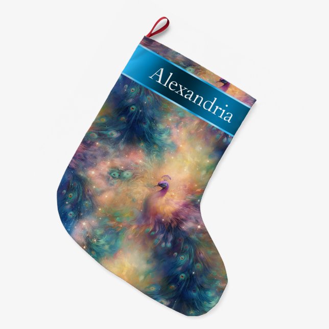 Peacock Bird Feathers Blue Gold Christmas Name Large Christmas Stocking (Front (Hanging))