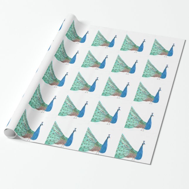 Peacock bird feathers blue Green watercolor Wrapping Paper (Unrolled)