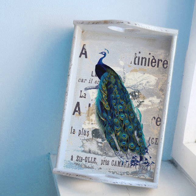 Peacock Bird French Typography Ad Blue Decoupage   Tissue Paper (Creator Uploaded)