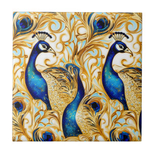 Peacock bird gold blue white art mural wall ceramic tile