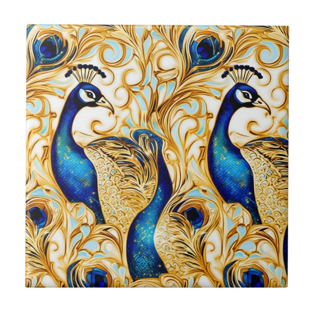 Peacock bird gold blue white art mural wall ceramic tile (Front)