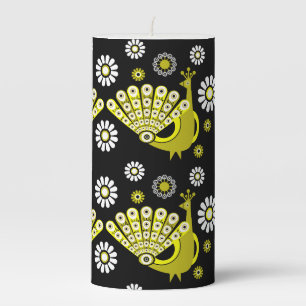 Peacock Bird Graphic Art Pillar Candle
