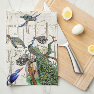 Peacock Bird Kingfisher Sea Turtle French Ephemera Kitchen Towel