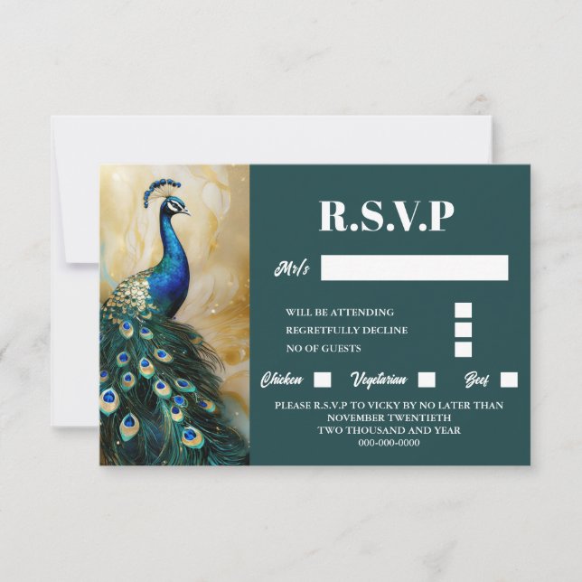 Peacock bird luxury 3D dark teal emerald rsvp Card (Front)