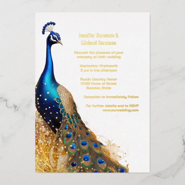 Peacock bird luxury gold blue emerald green real foil invitation (Front)