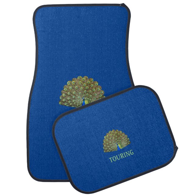 Peacock bird on royal blue car floor mat (Set)