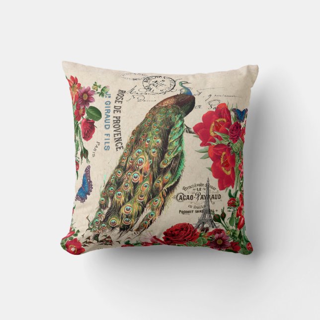 Peacock Bird Roses Cacao Flower Paris Throw Pillow (Front)