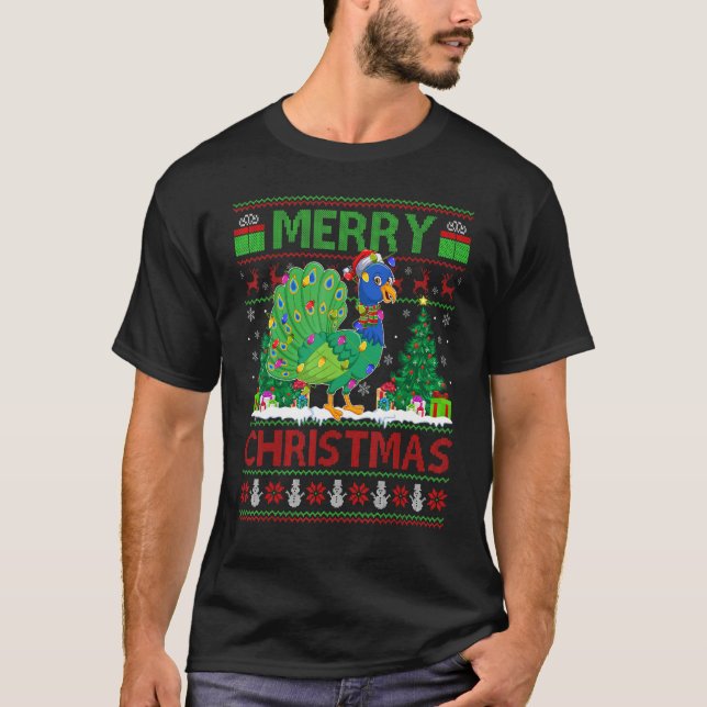Peacock Bird   Xmas Tree Ugly Santa Peacock Christ T-Shirt (Front)