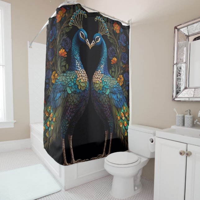 Peacock Birds Stained Glass Mosaic bathroom Shower Curtain (In Situ)