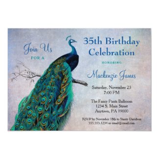 Peacock Birthday Invitation Vintage Blue Bird