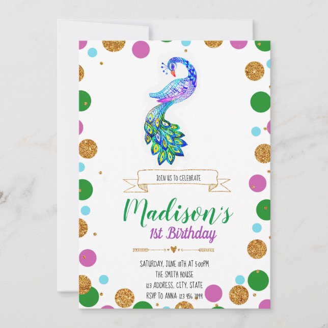 Peacock birthday party invitation (Front)