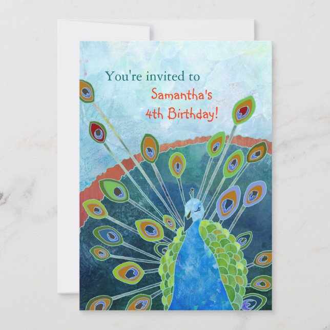 Peacock Birthday Party Invitations for Kids (Front)