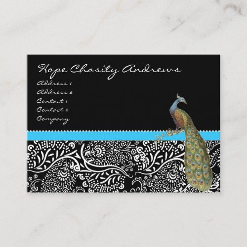 Peacock Black White Damask Bright Aqua Trim Business Card Template