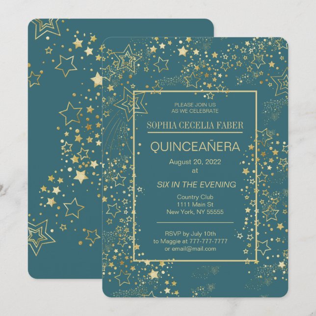 Peacock Blue and Gold Quinceañera Party Invitation (Front/Back)
