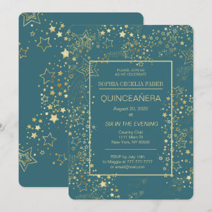 Peacock Blue and Gold Quinceañera Party Invitation