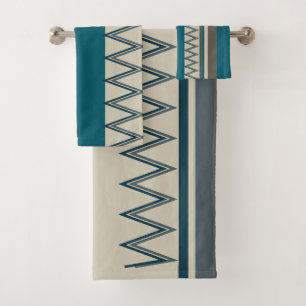 Peacock Blue and Gray Stripes Bath Towel Set