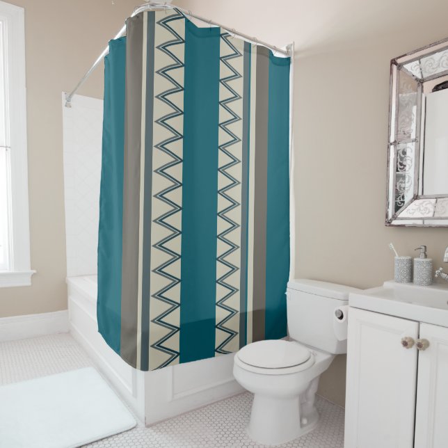 Peacock Blue and Gray Stripes Shower Curtain (In Situ)