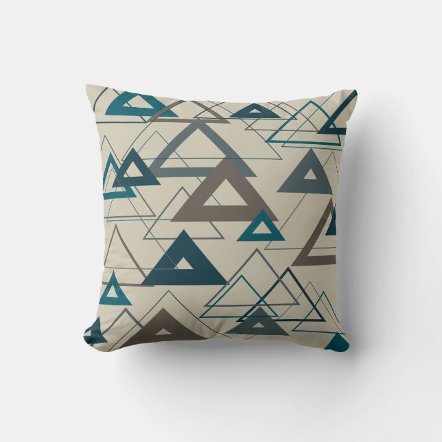 Peacock Blue and Gray Triangles Throw Pillow (Front)