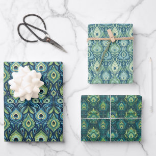 Peacock Blue and Green Feather Pattern Wrapping Paper Sheets