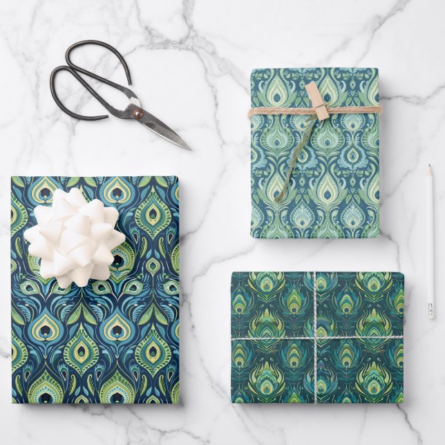 Peacock Blue and Green Feather Pattern Wrapping Paper Sheets (Front)