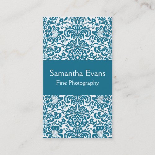 Peacock Blue and White Damask Business Card