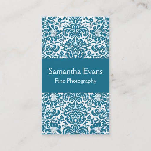 Customizable Peacock Blue and White Damask Business Card