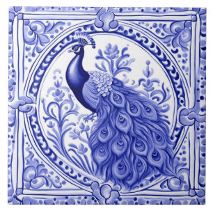 Peacock Blue and White Portuguese European Ceramic Tile