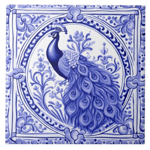 Peacock Blue and White Portuguese European Ceramic Tile
