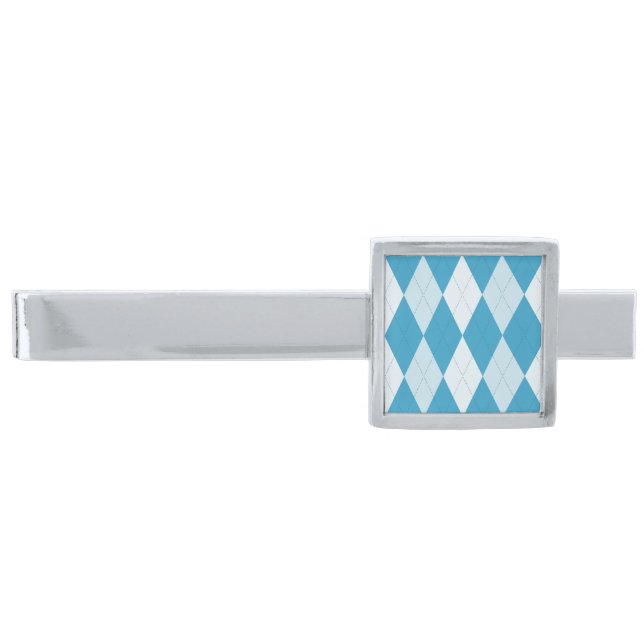 Peacock Blue Argyle Small Diamond Shape Silver Finish Tie Bar (Front)
