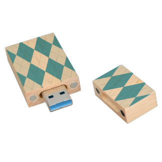 Peacock Blue Argyle Small Diamond Shape Wood USB Flash Drive