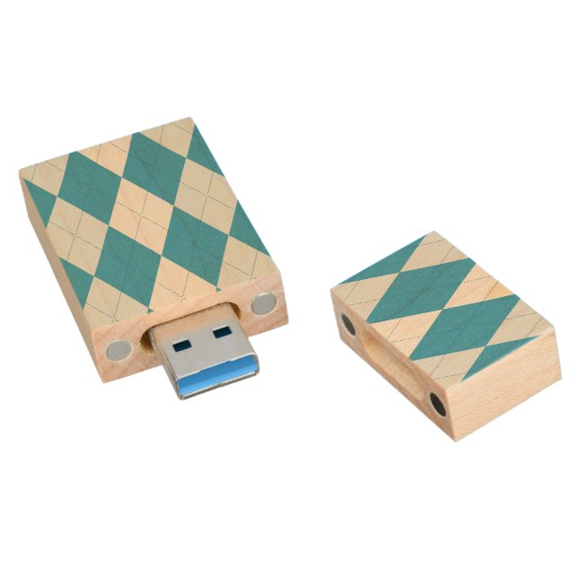 Peacock Blue Argyle Small Diamond Shape Wood USB Flash Drive (Angled)