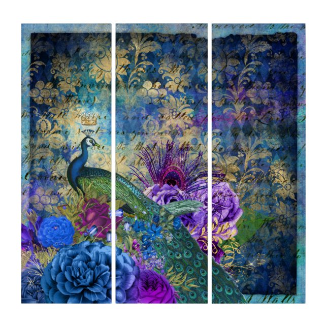 Peacock Blue Beautiful Ephemera Triptych Wall Art (Front)