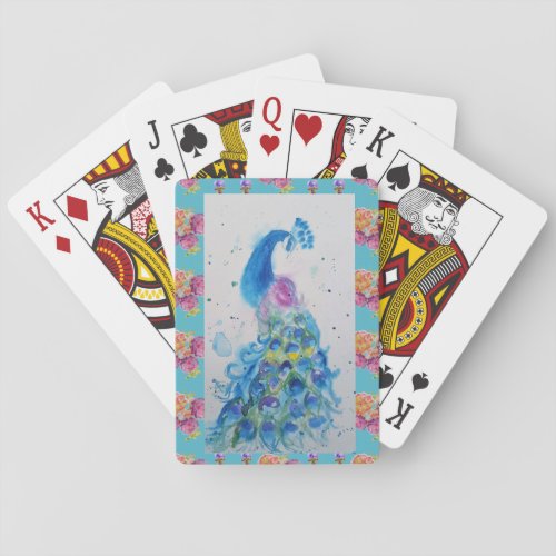 Peacock Blue Bird Watercolor Aqua Playing Cards
