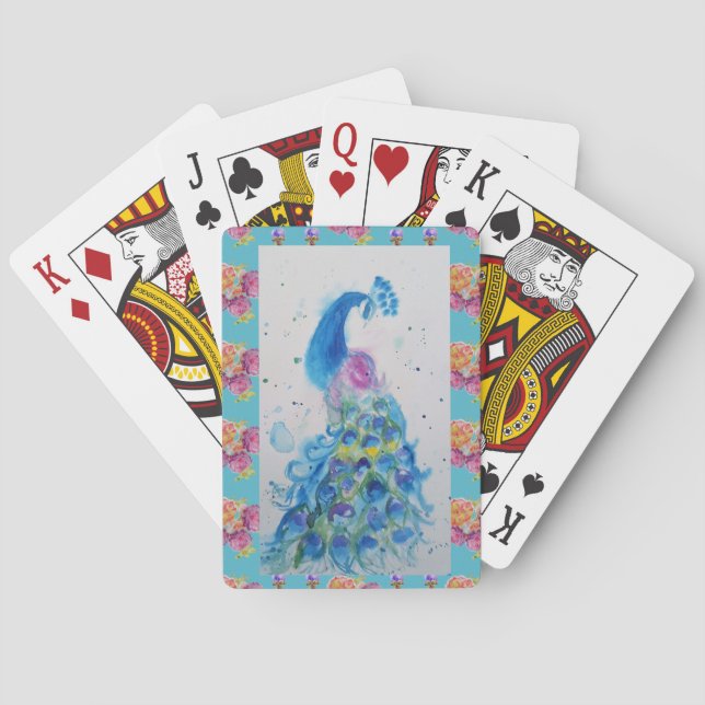 Peacock Blue Bird Watercolor Aqua Playing Cards (Back)