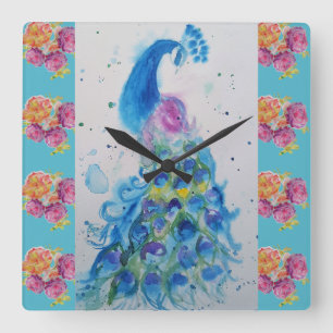 Peacock Blue Bird Watercolor Aqua Rose Clock