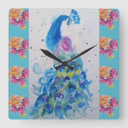 Peacock Blue Bird Watercolor Aqua Rose Clock