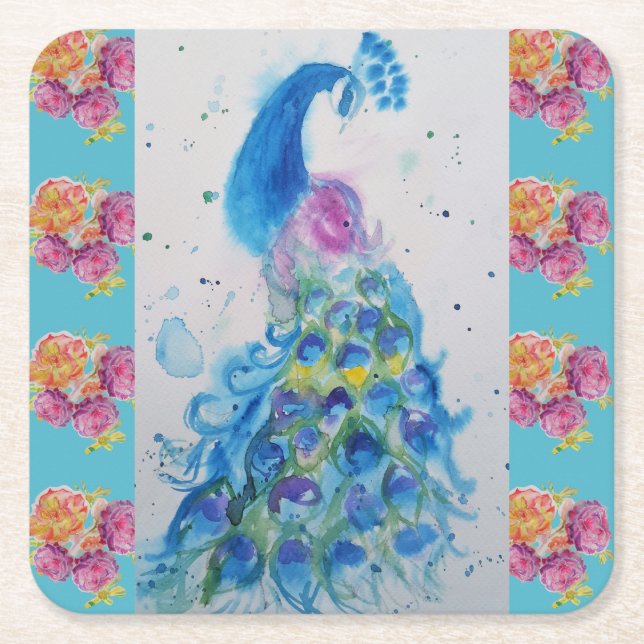 Peacock Blue Bird Watercolor Aqua Rose Coaster (Front)