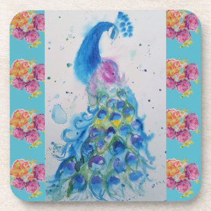 Peacock Blue Bird Watercolor Aqua Rose Coaster