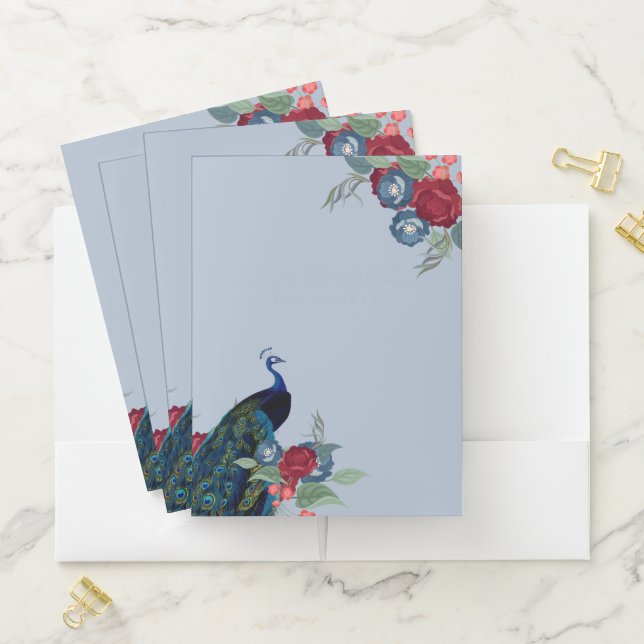 Peacock Blue Burgundy Winter Fall Wedding Budget Pocket Folder (In Situ)