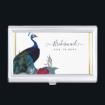 Peacock Blue Burgundy Winter Fall Wedding Business Card Case<br><div class="desc">Beautiful Peacock with Teal and blue, burgundy flowers, sage green leaves feature on this fall, autumn, winter wedding items. Part of a larger collection that includes budget wedding invitations, save the dates, RSVPs, thank you photo cards, bridal and wedding party gifts, and more. For a detailed FREE winter wedding planning,...</div>