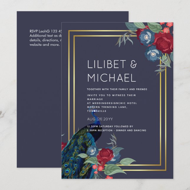 Peacock Blue Burgundy Winter Fall Wedding Invitation (Front/Back)