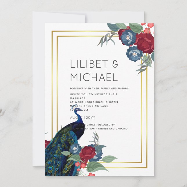 Peacock Blue Burgundy Winter Fall Wedding Invitation (Front)