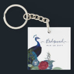 Peacock Blue Burgundy Winter Fall Wedding Keychain<br><div class="desc">Beautiful Peacock with Teal and blue, burgundy flowers, sage green leaves feature on this fall, autumn, winter wedding items. Part of a larger collection that includes budget wedding invitations, save the dates, RSVPs, thank you photo cards, bridal and wedding party gifts, and more. For a detailed FREE winter wedding planning,...</div>