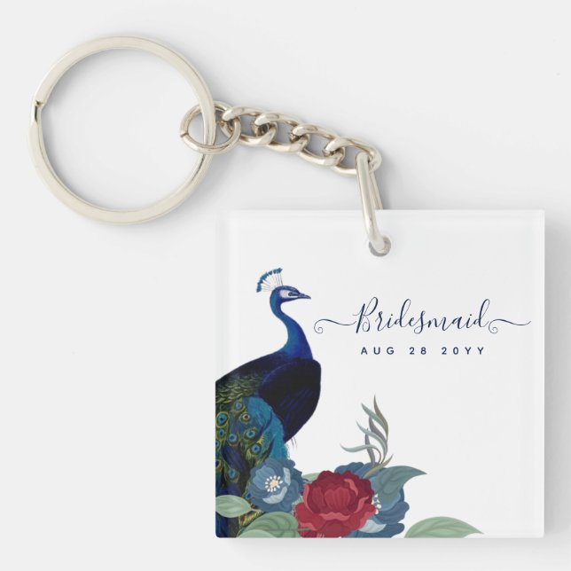 Peacock Blue Burgundy Winter Fall Wedding Keychain (Front)