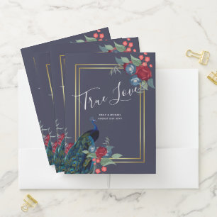 Peacock Blue Burgundy Winter Fall Wedding Pocket Folder